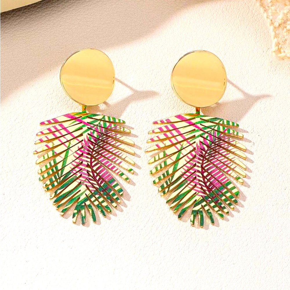 Gold and Multicolor Palm Leaf Earrings